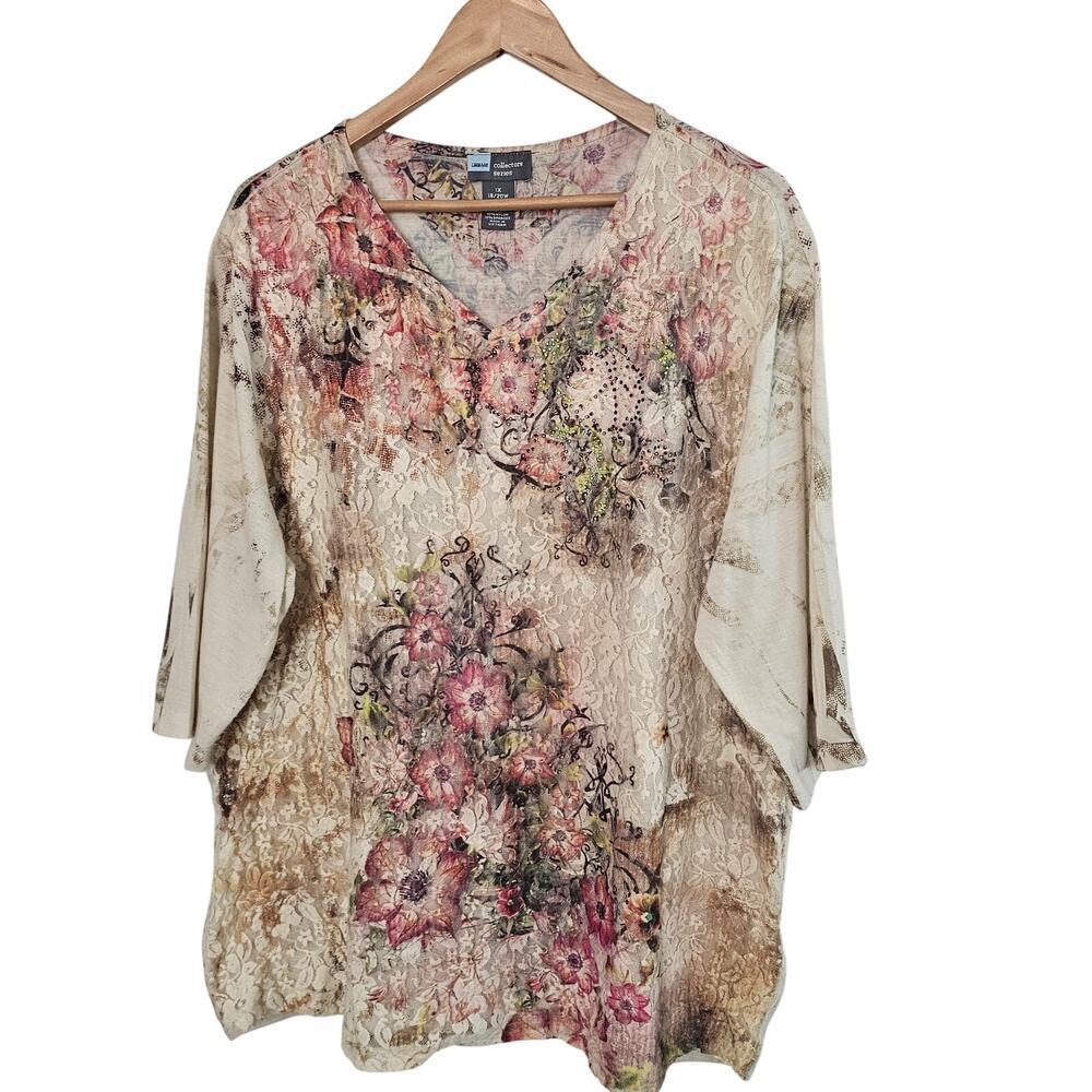 Vintage Y2K Floral Lace Blouse Womens 1X Beige Sheer Beaded Cottage Fairy Boho